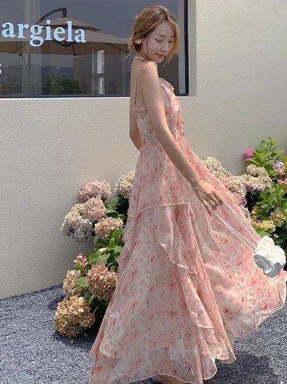 liwuka Summer Pink Floral Ruffle Dress Women French Seaside Holiday Sleeveless Strapless Woman Long Dresses New