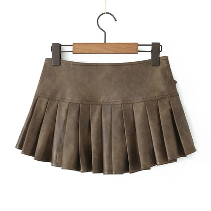 liwuka Korean Fashion Faux Leather Skirts For Woman Mini Skirts Low Waist Summer Vintage PU Leather Pleated Skirt With Belt Brown