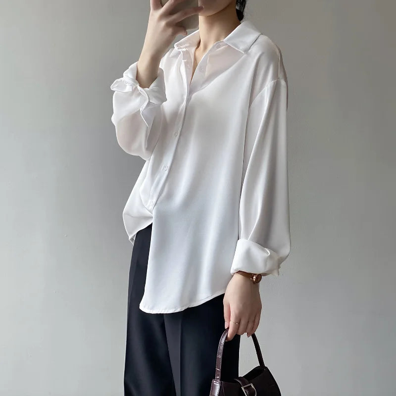 liwuka Button Up Satin Silk Shirt Vintage Blouse Spring Fashion Women Korean Tops Lady Long Sleeves Loose Street Shirts Blusas