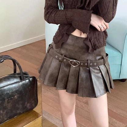 liwuka Vintage Pleated Leather Skirt Women Y2k Gothic Mini Skirts Punk Korean Style Retro Solid Grunge Short Skirts Streetwear