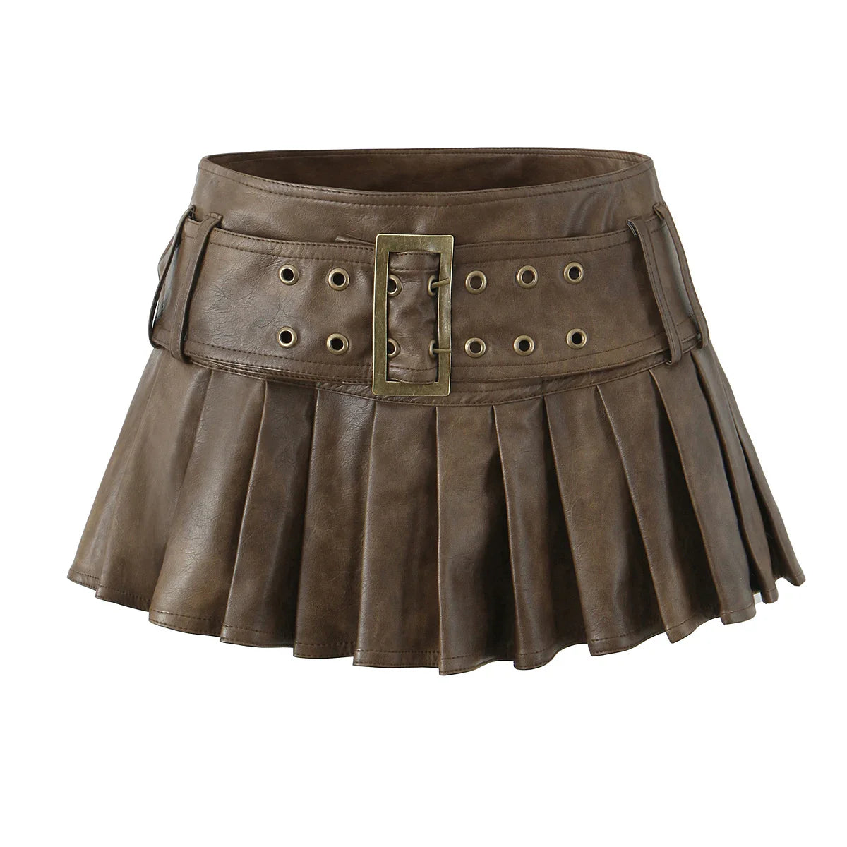 liwuka Korean Fashion Faux Leather Skirts For Woman Mini Skirts Low Waist Summer Vintage PU Leather Pleated Skirt With Belt Brown