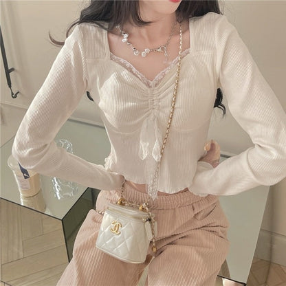 liwuka Autumn White Kawaii Lolita Female Blouse Lace Japanese Sweet Long Slevee Tops Women Knitted Casual Korean Designer Clothing