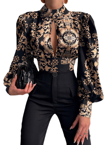 liwuka Casual Blouses women Baroque Print Puff Lantern Sleeve Backless Blouse Tops Women