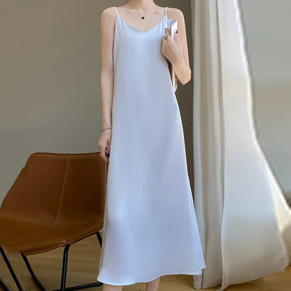 liwuka Silk High-Grade Dress New Spring/Summer Sleeveless V-Neck Dress Vest Slip Skirt Silk White With High-Grade Temperament