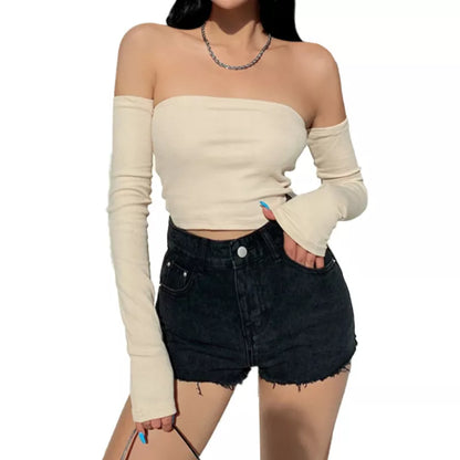 liwuka Female Crop Tops T-shirts, Solid Color Boat Neck Off Shoulder Sexy Tops Pullover with Long Sleeves for Summer Club Wear