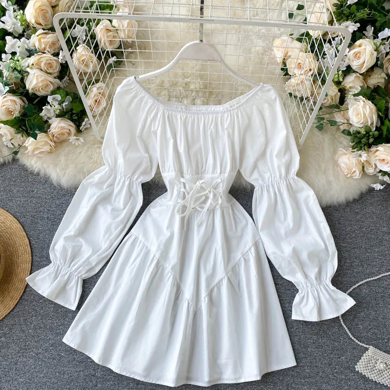 liwuka Autumn Dress Elegant Gothic Women White Black Bandage Mini Dress Sexy Off Shoulder Long Sleeve Korean Party Vestidos