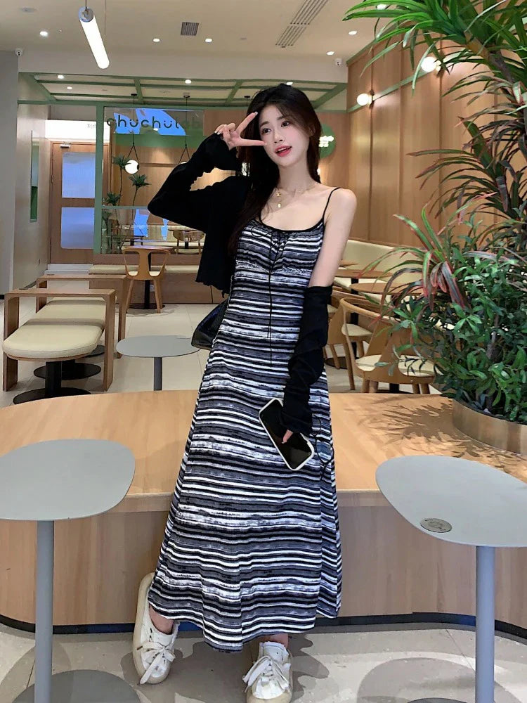 liwuka Stripe Suspended Dress Fashion Knitting Sleeveless V-neck Collar Sexy Dress 2024 Summer New Temperament Long Dress