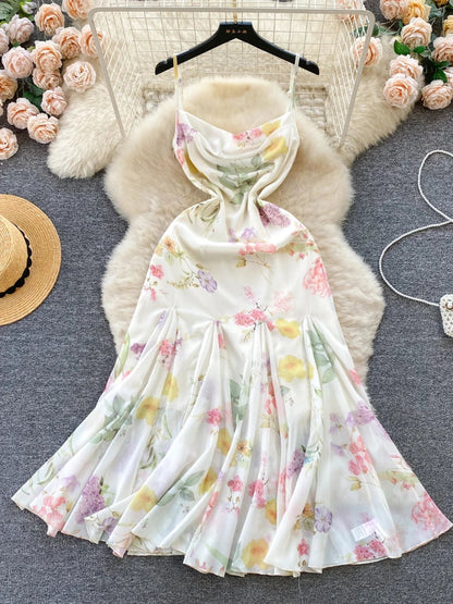 liwuka French Elegant Beach Dress 2024 New Women Sexy Floral Printed Slim Mid Length Ruffled Party Dresses Ladies Summer Long Robe