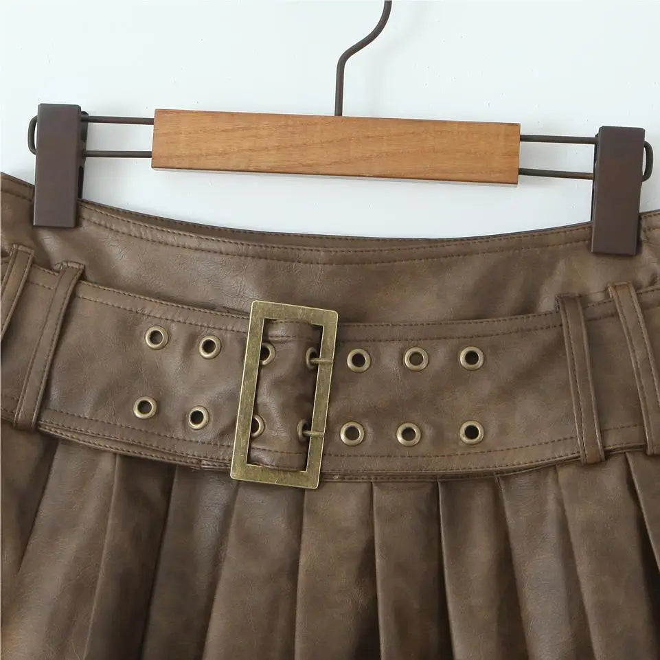 liwuka Korean Fashion Faux Leather Skirts For Woman Mini Skirts Low Waist Summer Vintage PU Leather Pleated Skirt With Belt Brown