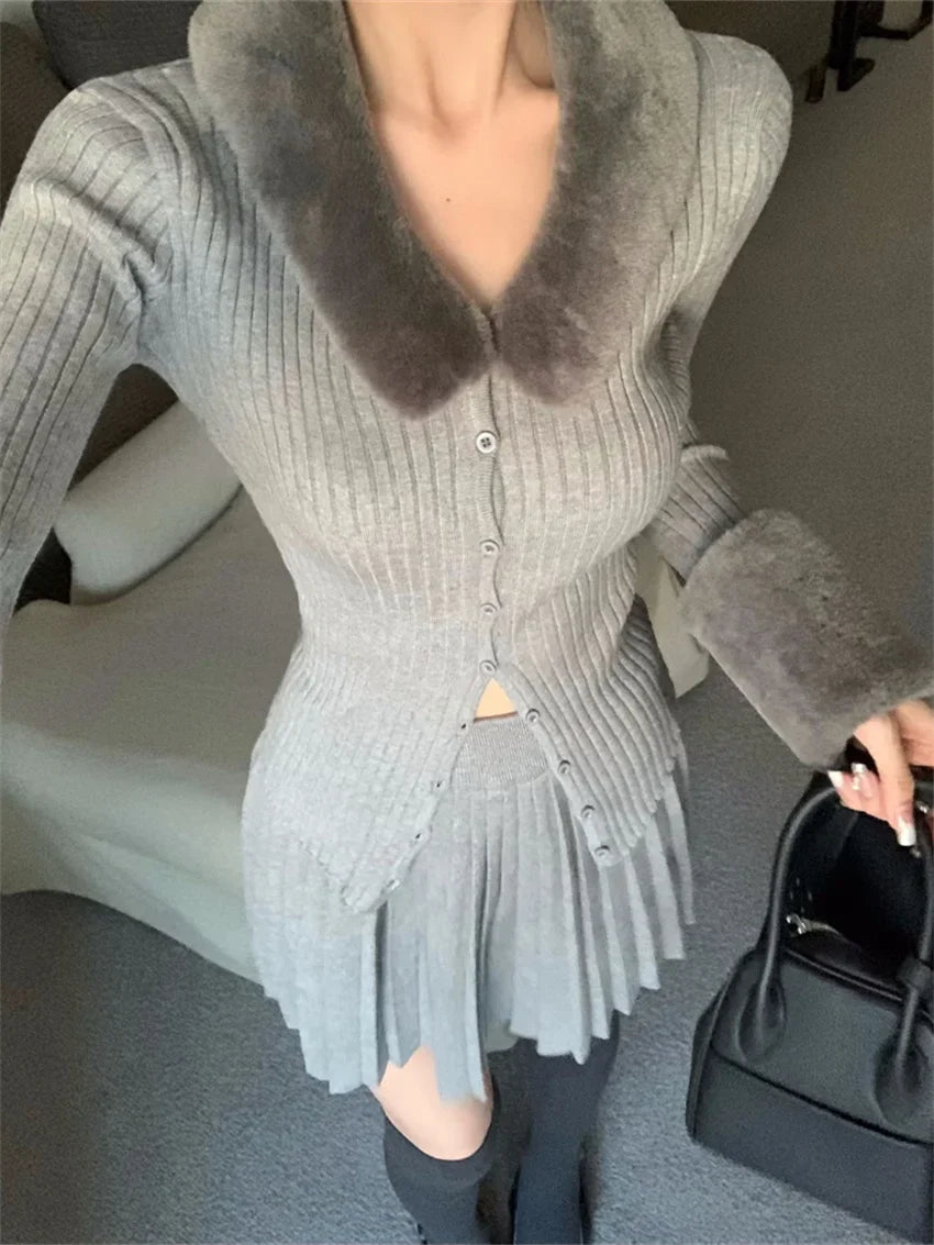 liwuka Spring Camping Knitwear Sweaters Women OL 2024 Chic Pleated Mini Skirts Suits Daily Office Lady High Street Elegant