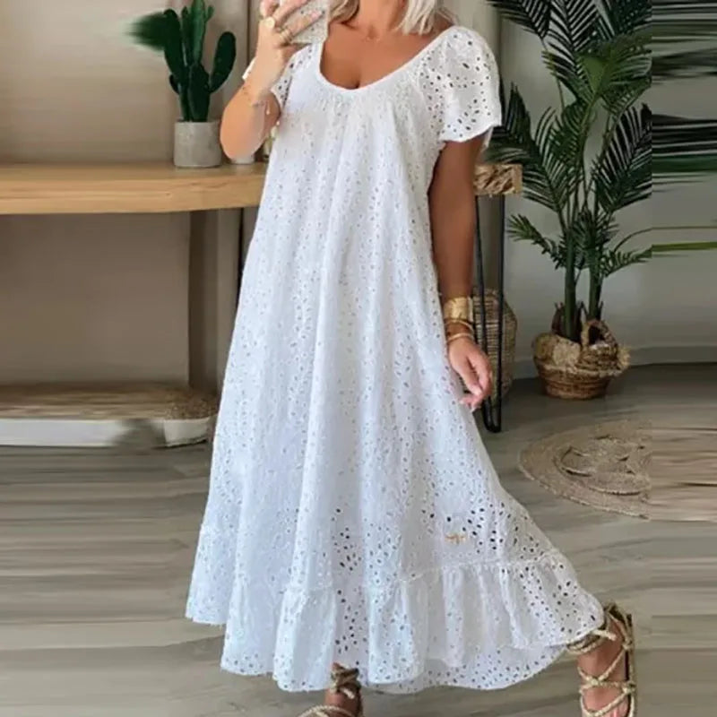 liwuka Summer Solid Color Short Sleeve Dress Female Casual Lace Crochet Pleated Maxi Dress New Fashion Hollow Out Backless Loose Dress