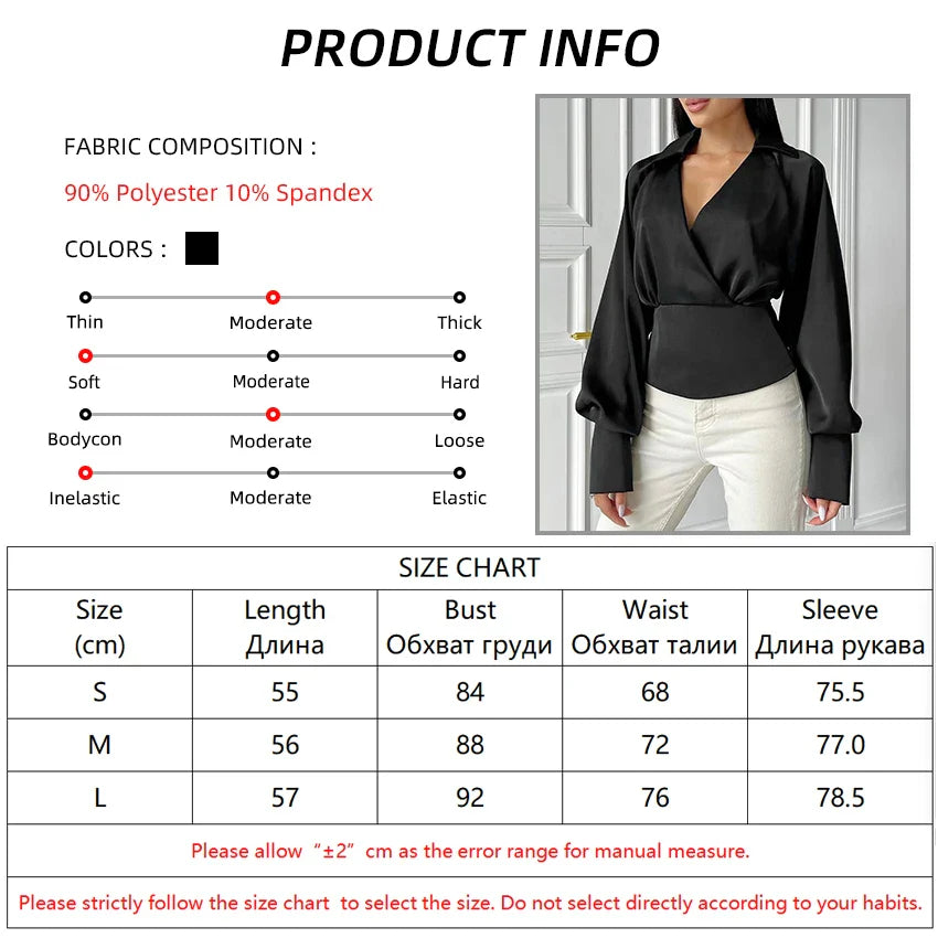 liwuka Elegant Black Satin V Neck Blouse Women Street Solid Lantern Sleeve Woman Blouses Fashion Casual Pullover Tops Female 2024