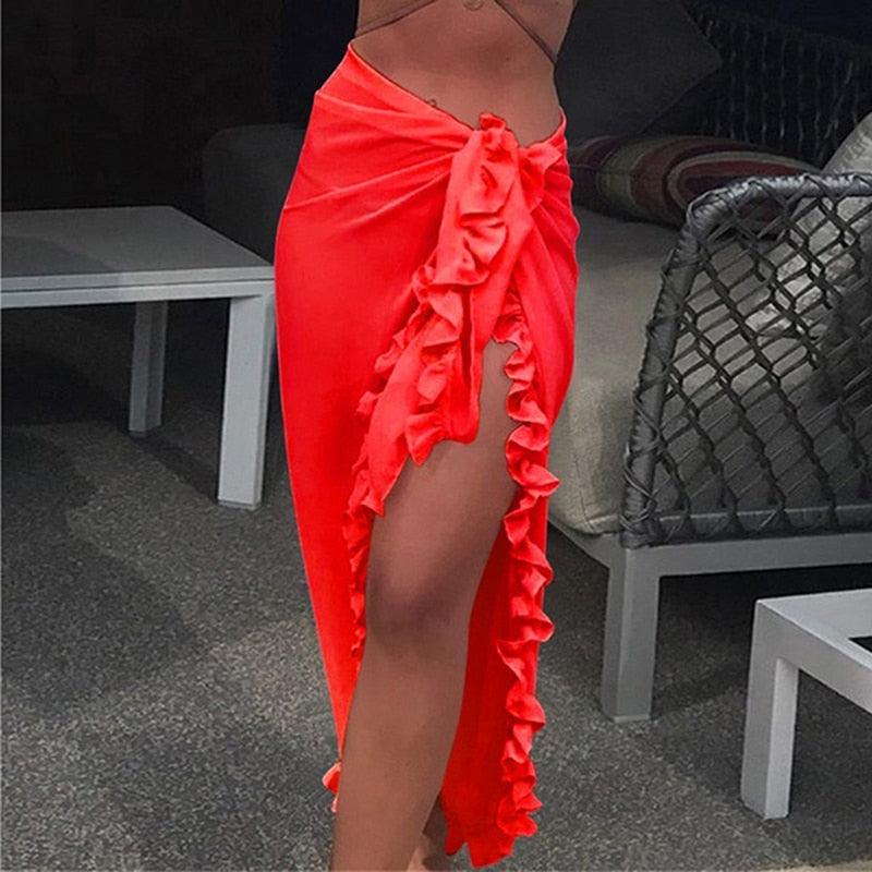 liwuka Women Chiffon See-Through Beach Bikini Cover Up Wrap Scarf Swimwear Pareo Sarong Dress Solid Ruffle Casual Beach Dress