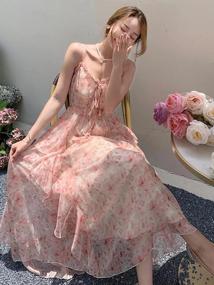 liwuka Summer Pink Floral Ruffle Dress Women French Seaside Holiday Sleeveless Strapless Woman Long Dresses New