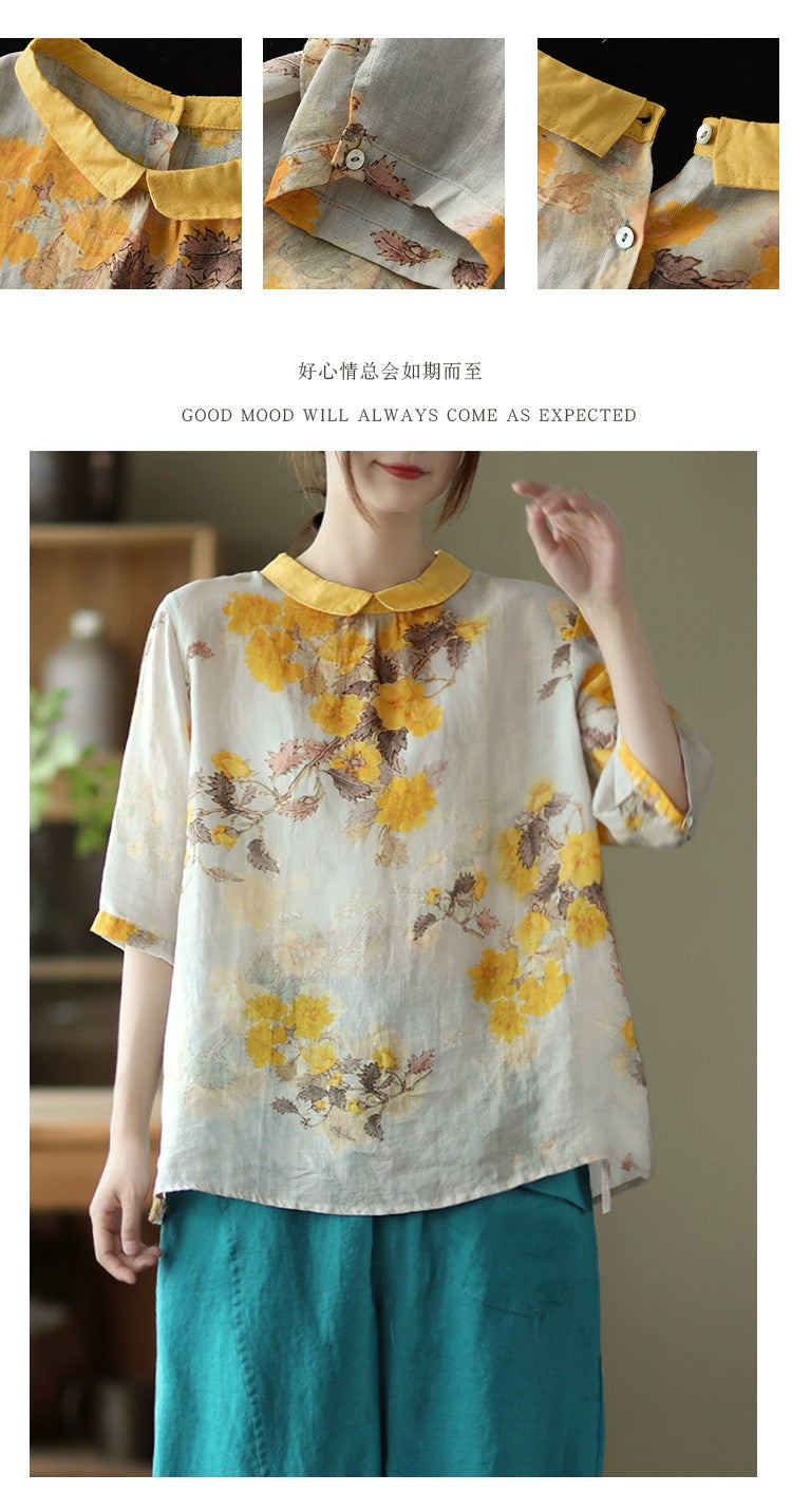 liwuka Women Summer Casual Shirts New Vintage Style Floral Print Loose Comfortable Cotton Linen Female Half Sleeve Tops