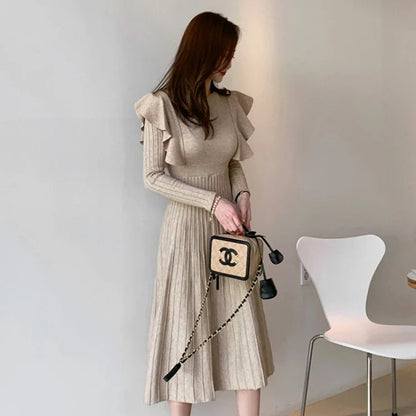 liwuka Vintage Elegant O-Neck Female Thicken Knit Long Dress Slim Full Sleeve Ruffles Women Sweater Dresses Vestidos Autumn Winter