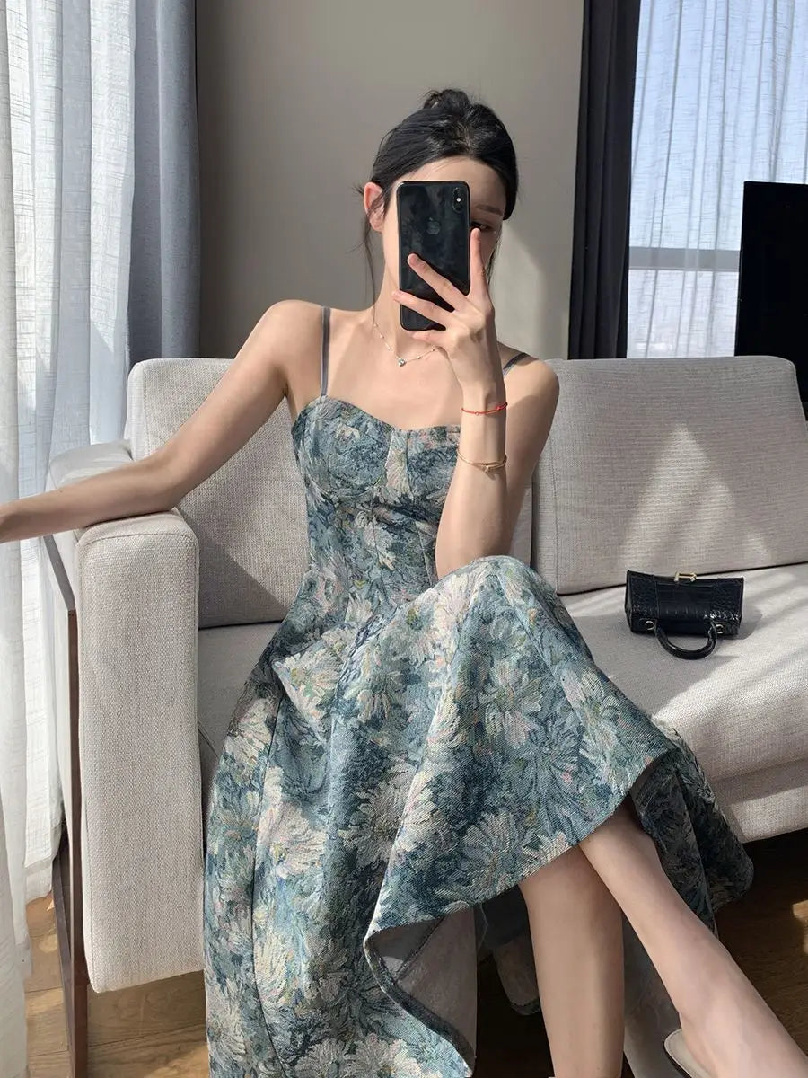 liwuka Summer Long Dresses Women Vintage Prints Elegant French Temper Midi Dress Stylish Partywear Sexy Ladies Sleeveless Ropa Mujer