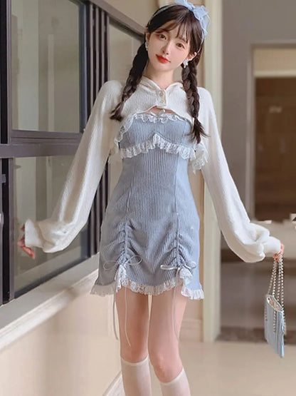 liwuka Lolita Dress Women Lace Japanese Sweet Bow Mini Dresses Pink Kawaii Party Female Blue Princess Korean Fashion Dressees Vestidos