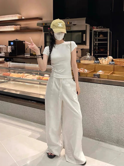 liwuka Wide Leg White Linen Pants Woman Casual Basic Summer 2024 Oversize Female Straight Trousers Baggy Elastic Waist Pants