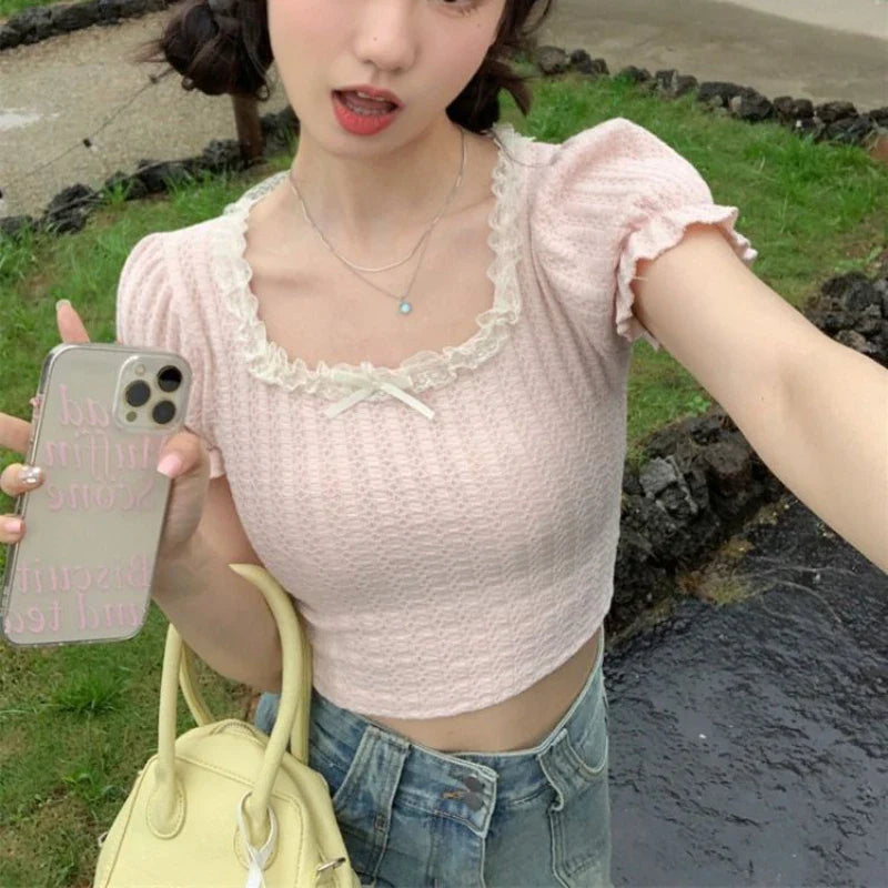 liwuka Sweet Kawaii Short Sleeve Women Pink Bow Lace Korean Style Crop Top Slim Up Cute Patchwork Black Summer Aesthetics Tees