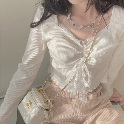 liwuka Autumn White Kawaii Lolita Female Blouse Lace Japanese Sweet Long Slevee Tops Women Knitted Casual Korean Designer Clothing