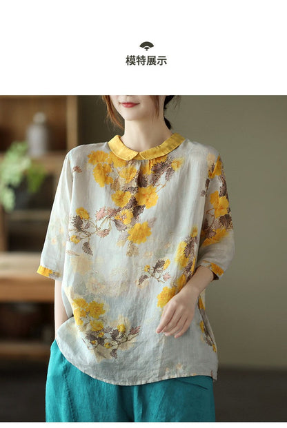 liwuka Women Summer Casual Shirts New Vintage Style Floral Print Loose Comfortable Cotton Linen Female Half Sleeve Tops