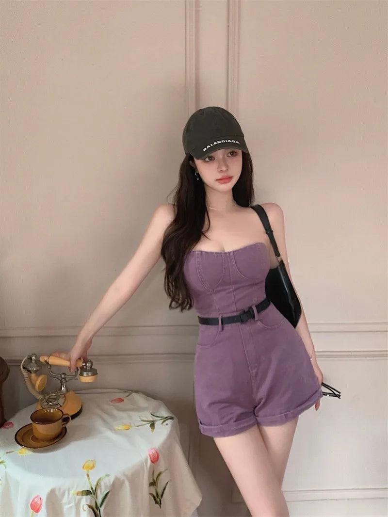 liwuka Hong Kong Style Spicy Girl Strapless Denim Jumpsuit for Women's Spring/summer New Design Feeling Straight Tube Playsuits