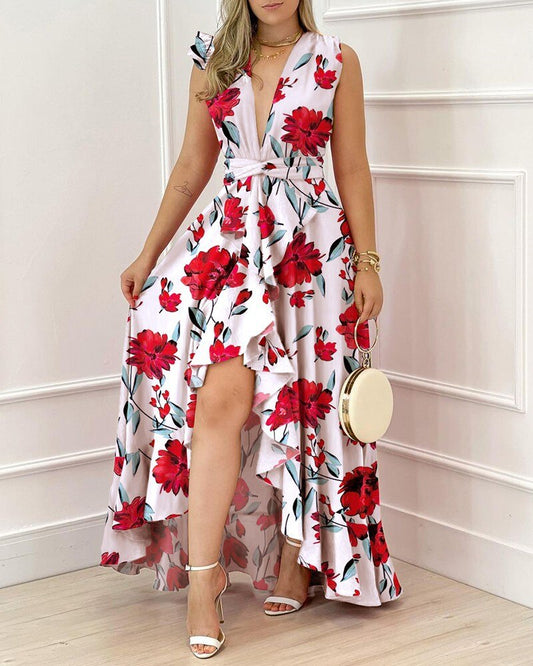 liwuka  Casual Summer Women Dress Red Print V-Neck Sleeveless Ruffle Elegant Beach Party Lady Irregular Slit Floor-Length Dresses