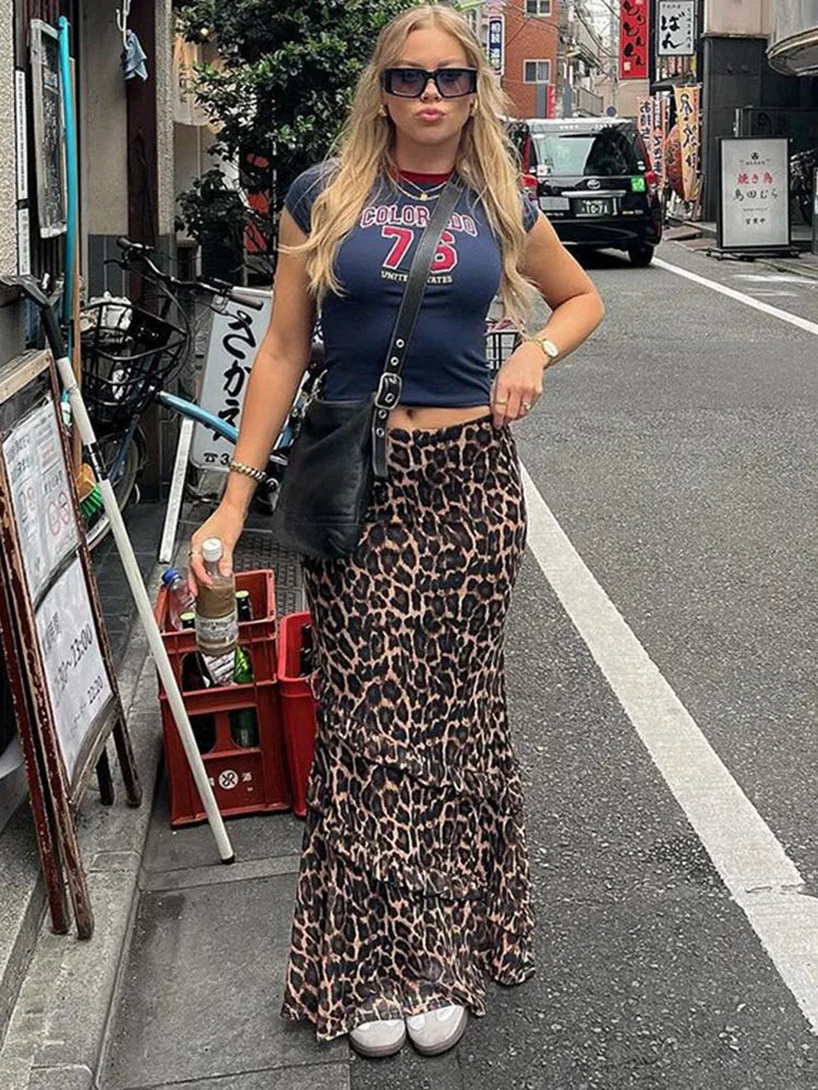 liwuka Leopard Printed Ruffled Maxi Skirt Female High Waist Slim Fashion Mesh Patchwork Streetwear Summer Women's Long Skirt 2024