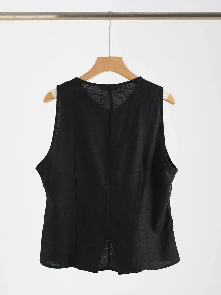 liwuka 2024 New Black Sleeveless Vest Women Summer Elegant Fashion V-neck Single Breasted Tank Tops Female Vintage Fashion Waistcoat