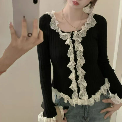 liwuka Japanese Sweet Lolita Knitted Cardigan Women Autumn Winter Vintage Elegance Lace Patchwork Long Sleeve Top Female Korean Jumpers