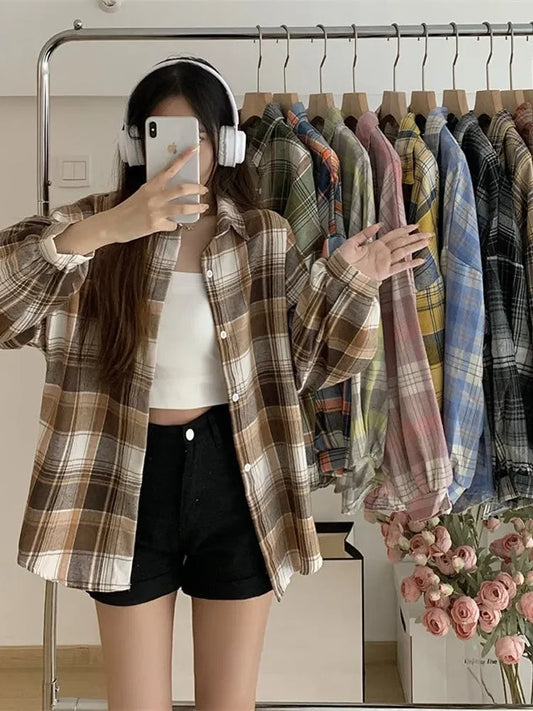 liwuka Plaid Shirt Women Autumn Long Sleeve Top Female Vintage Fashion Single Breasted Blouse Ladies Preppy Style Loose Check Shirts