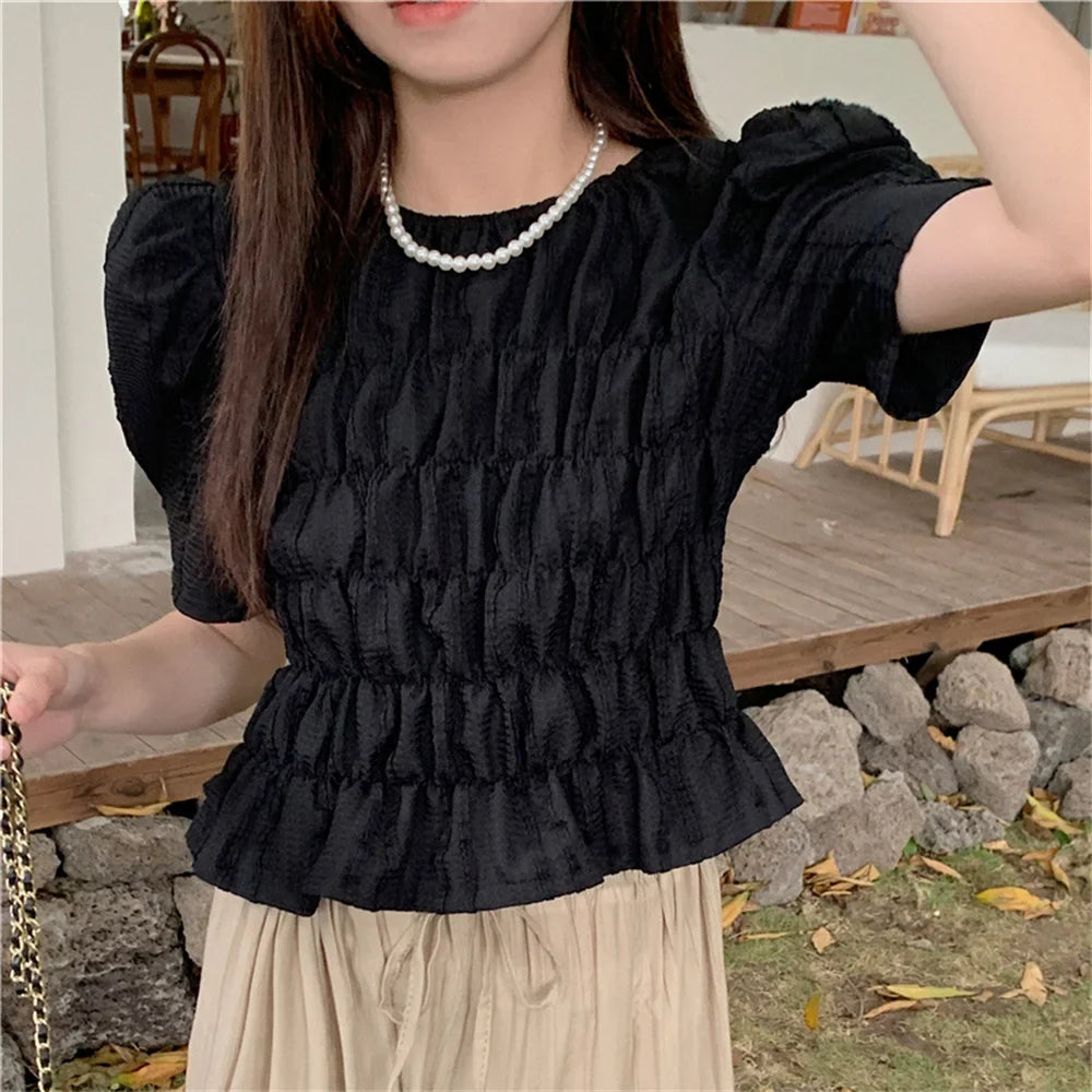 liwuka French Solid Blouses Women Chic Elegant Mujer New Gentle Casual Summer Short Sleeve Work Wear Slim-Fit Blusas