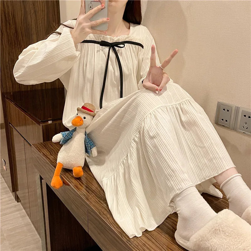 liwuka Long-Sleeved Nightgown Female Spring And Autumn Summer Students Princess Wind Big Size Dress Nightgown Pajamas Homewear