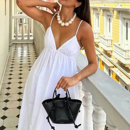 liwuka Elegant Causal Sleeveless A-Line Long Dress Summer Deep V Neck White Sling Dress Lady Simple Backless High Waist Hem Beach Dress