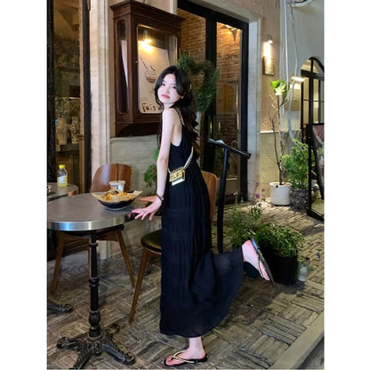 liwuka 2024 New Arrival Summer Beach Style Women Casual Loose Sleeveless V-neck All-matched Folds Design Ankle-length Dresses V905