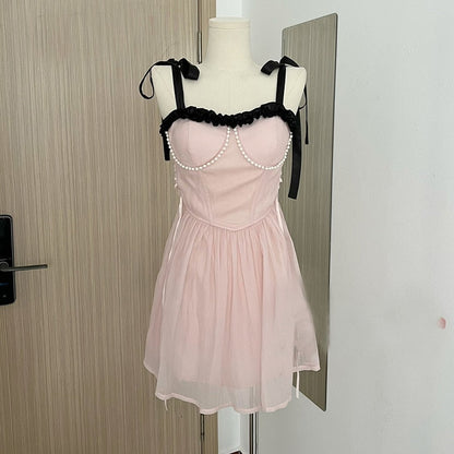 liwuka New Summer Dress French Style Princess Straps Dress High Waist Thin Pink Sweet Short Fairy Dress Female Sundress Bestidos