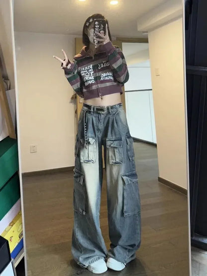 liwuka Y2k Low Waist Cargo Jeans Women Vintage High Street Baggy Denim Pants with Pockets Female Wide Grunge Baddie Streetwaer