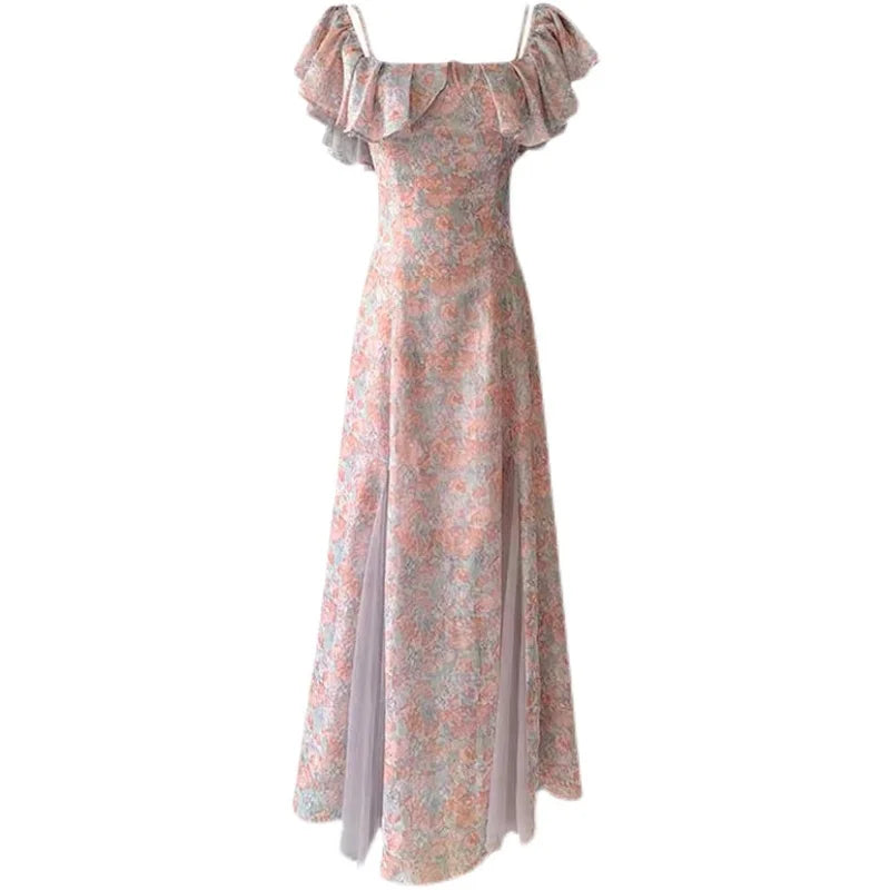 liwuka Floral Dress Women Off Shoulder Vintage French Elegant Sexy Spliced Lady Summer Gentle Slim Temper Платье Женское Sweet Designer