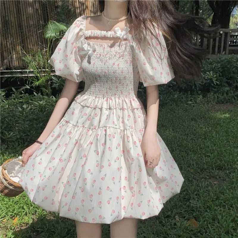 liwuka Summer Korean Fresh Pleated New Vestidos Square Neck Floral Puff Dress for Women Short Slim Waist Flower Bud Dresses