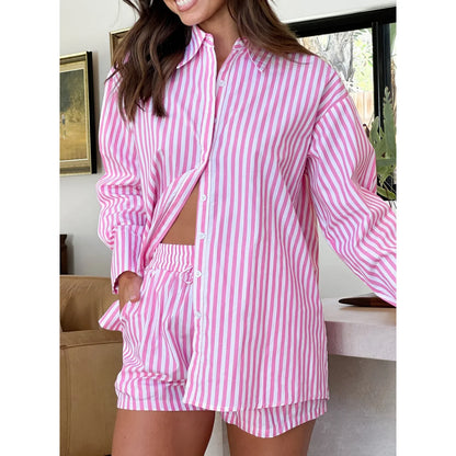 liwuka Women's Summer 2 Pieces Striped Outfits Long Sleeve Loose Button Down Lapel Shirts+Drawstring Waist Loose Shorts Set