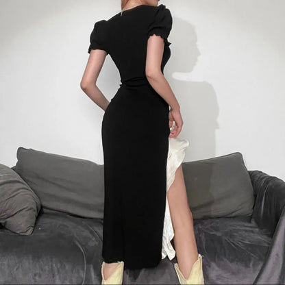 liwuka Summer Square Collar Puff Sleeve Dresses Ladies Sexy Side Slit Ruffles Bodycon Dress Women Slim Fit Black Y2K Dress