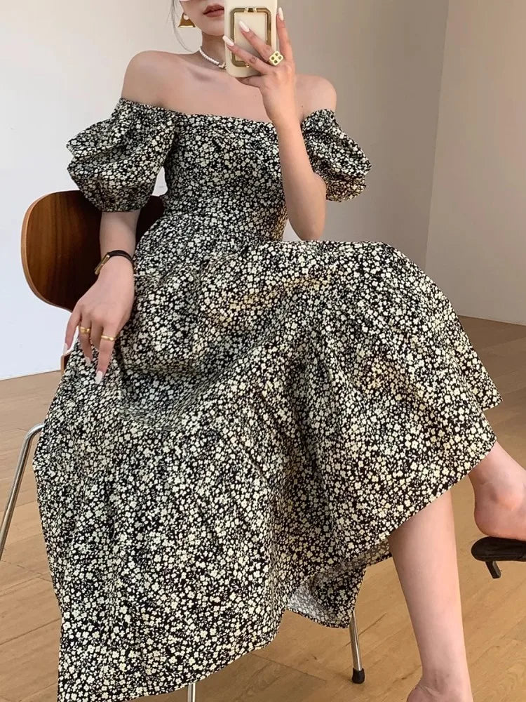 liwuka Retro Floral Dress For Women With Summer Square Neckline And Bubble Sleeves, Elegant And Slim Fitting Long Skirt