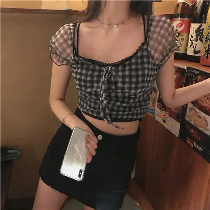 liwuka 2024 Summer Plaid Tshirts Women Retro Sexy Shirt Casual Lace Tees Puff Sleeve 2000s Vintage Y2k Crop Tops Female Korean Fashion