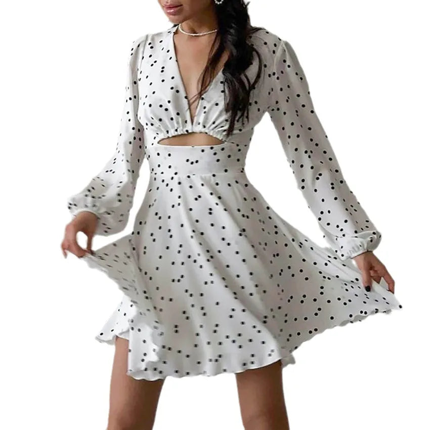 liwuka Summer Women's Long Sleeved Polka Dot Printed Dress V-neck Hollow Bubble Sleeve Temperament Slim Fit Flower Bud Skirt Women 2024