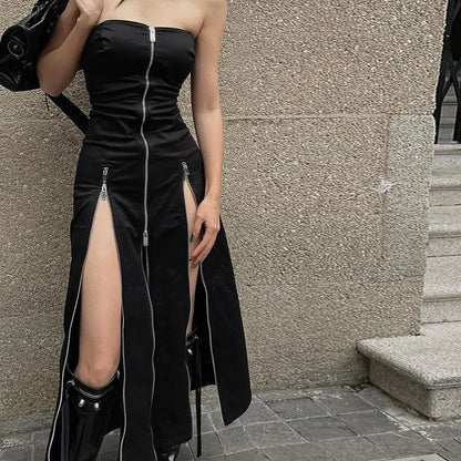 liwuka Techwear Fashion Zip Up Midi Dresses Cyber Y2k Mall Gothic Split Women Tube Dress Partywear Punk Off Shoulder Outfits