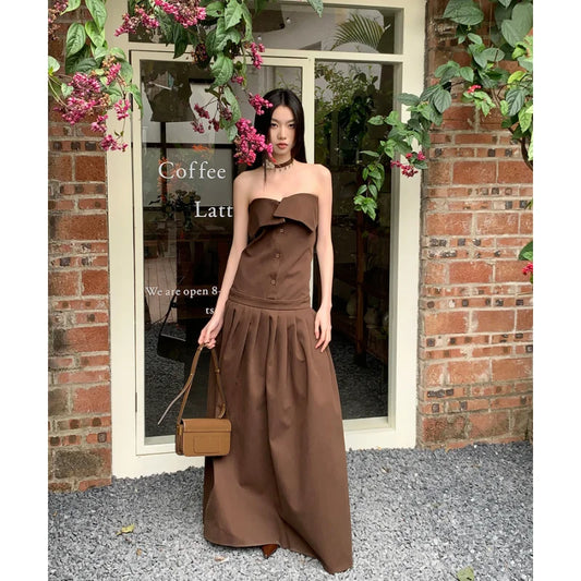 liwuka NEW Brown Elegant Party Dresses Chest Wrapping Solid Women's Clothing Dress Lace Sexy Fashion Retro Summer Long Ball Dress