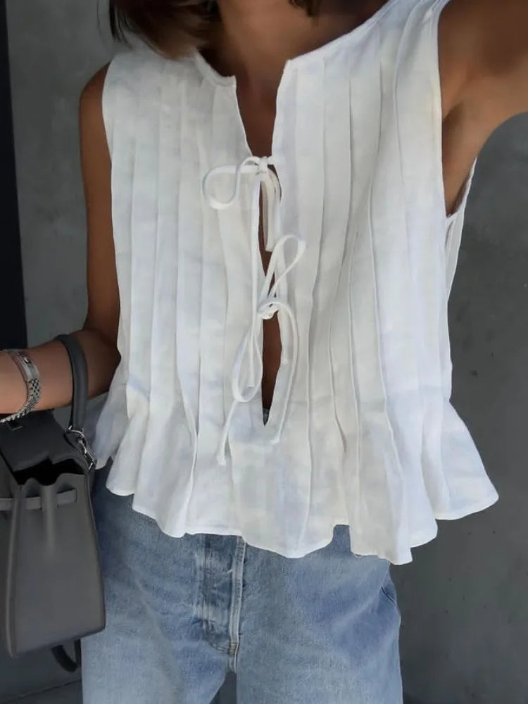 liwuka White Cotton Linen Shirt for Women Elegant Sexy Sleeveless Lace Up Blouse Summer Fashion Pleated Causal Holiday Shirts 2024