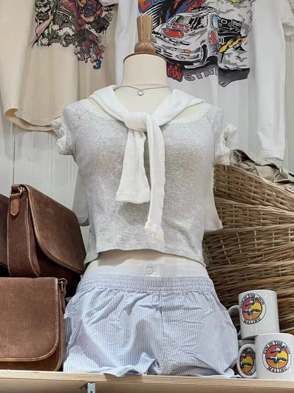 liwuka Lace Trim Gray Slim T-shirt Summer Short Sleeve Scoop Neck Cotton Tshirts Woman Casual Cute Preppy Style Sweet Crop Tops Y2k