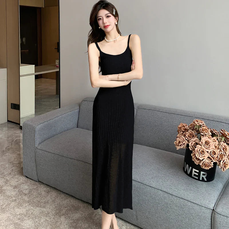 liwuka Summer Green Knitted Bodycon Sling Long Dress Women Fashion Casual Birthday Dress 2024 Korean Vintage Elegant Party Night Dress